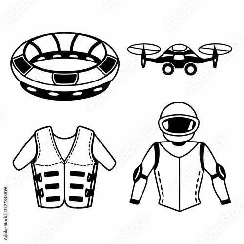 A collection of four black and white vector illustrations depicting a life preserver a drone a life vest and a racing suit with helmet