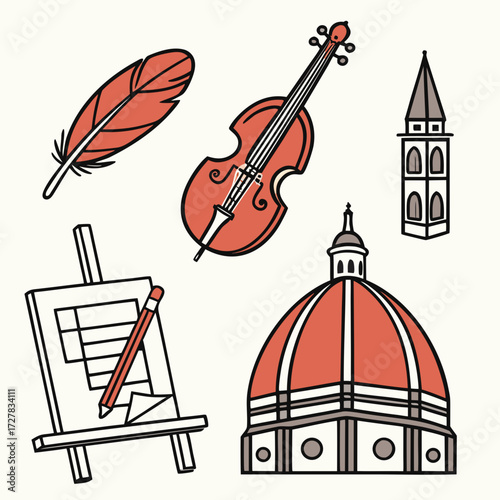 A collection of iconic artistic and architectural elements including a feather quill a cello an easel with a drawing a bell tower and a dome building all rendered in a stylized flat design