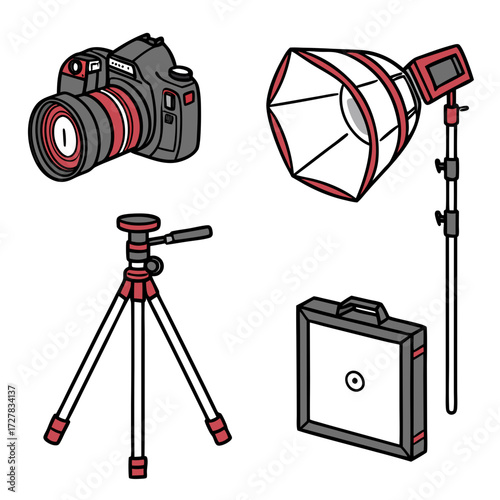A collection of photography equipment including a dslr camera a softbox light on a stand a tripod and a reflector for studio lighting setups