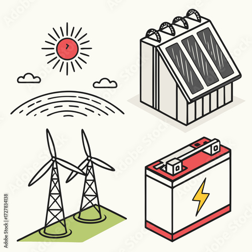 A collection of renewable energy icons including wind turbines solar panels a battery and the sun with clouds and a stylized landscape representing clean energy sources
