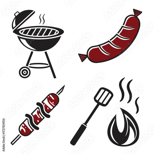 A collection of stylized icons representing barbecue elements including a grill a sausage a skewer of meat and a spatula with flames and smoke