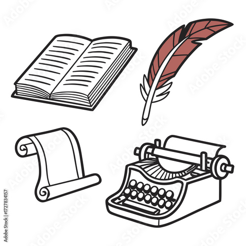 A collection of vintage writing tools including an open book a quill pen a scroll and a classic typewriter representing the evolution of written communication