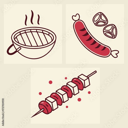 A collection of stylized illustrations depicting barbecue elements including a grill with smoke a grilled sausage with pepper slices and a skewer with sausage and cheese cubes