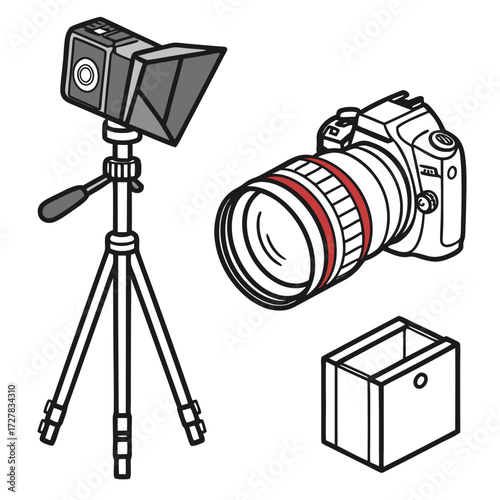 A stylized illustration of photography equipment including a dslr camera with a large lens a portable light on a tripod and a small box all rendered in a clean outline style with minimal color