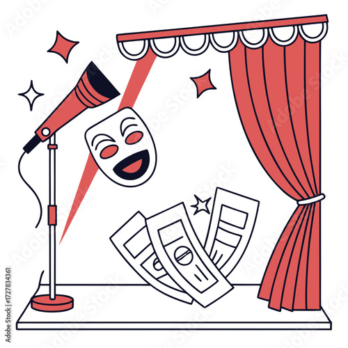A vibrant illustration of a comedy mask on a stage with a microphone spotlight tickets and red curtains symbolizing performance and entertainment