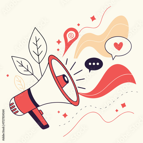 A vibrant illustration of a megaphone broadcasting positive messages and attention grabbing announcements with surrounding abstract shapes and natural elements