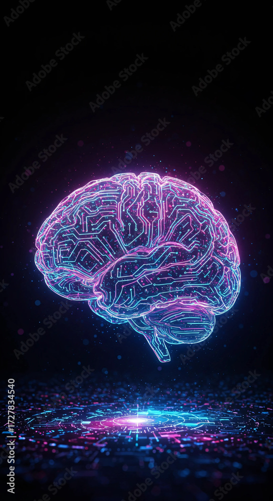 Fototapeta premium Futuristic Glowing AI Brain in Neon Circuits