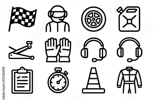 Race Pit Stop Icons. Race pit stop icons in outline style: checkered flag, pit crew, wheel change, fuel can, jack lift, gloves, headset, clipboard,