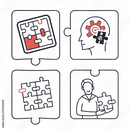 Conceptual illustration of problem solving and idea generation through puzzle pieces representing teamwork strategy and individual contribution in a business context