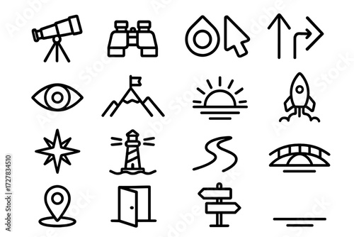 Future Vision Icons. Future vision icons in outline style: telescope, binoculars, compass, direction arrows, vision eye, mountain peak, rising sun,