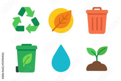 Eco-Friendly Icon Set. Eco disposal in modern flat vector : recycling arrows, compost leaf, green bin, trash bin, water droplet, plant sprout