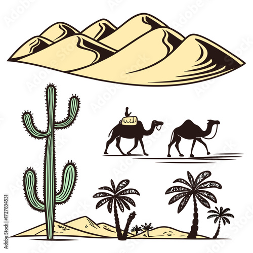 Desert landscape with sand dunes a large cactus palm trees and a caravan of camels walking across the sandy terrain under a clear sky