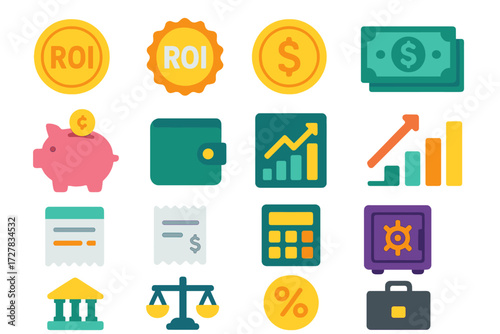 Finance Symbols Icons. Return symbols in modern flat vector : ROI coin, ROI badge, dollar coin, cash stack, piggy bank, wallet, investment chart,
