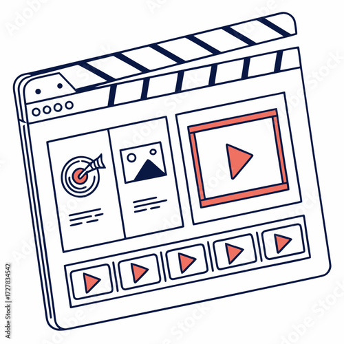 Digital video production storyboard concept with clapperboard design featuring target icon and play buttons for content creation and marketing strategy