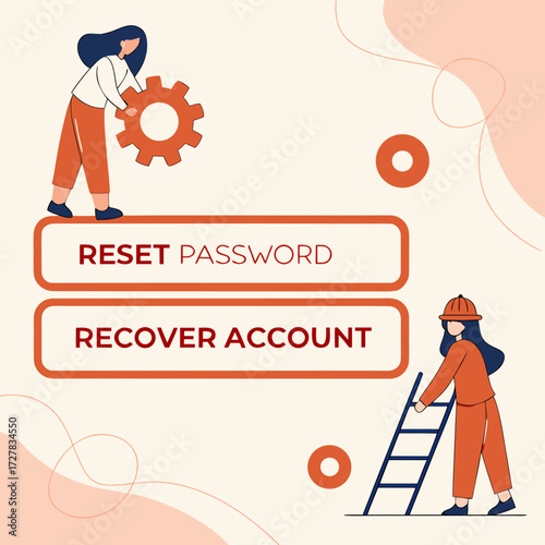 Digital security concept with two stylized female characters interacting with interface elements for password reset and account recovery options on a light background