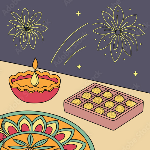 Diwali celebration with a lit diya box of sweets rangoli and fireworks in the night sky representing joy and festivity