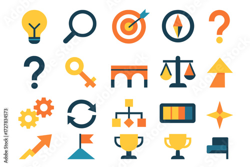 Problem Solving Icons. Problem solving set of icons in abstract flat : lightbulb idea, magnifying glass, target icon, compass, question mark,