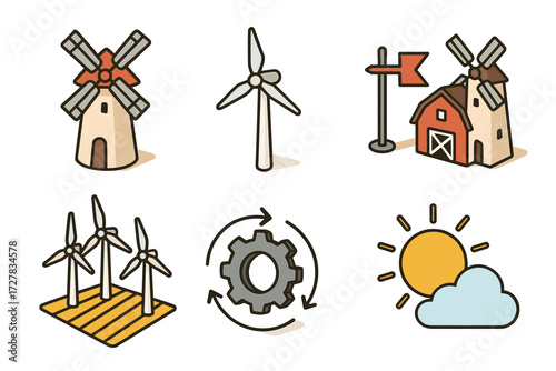 Wind Energy Icons. Objects set icons in modern isometric flat : classic windmill, modern turbine, wind vane, barn with windmill, field with blades,