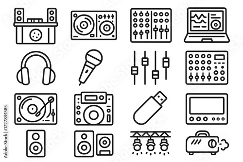 DJ Booth Essentials. Booth basics icons in outline style: DJ booth setup, turntables, mixer console, laptop with software, headphones, microphone,
