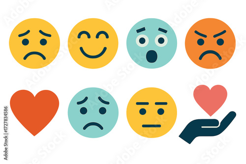 Emotional Icon Set. Emotional signals set of icons in abstract flat : sad face, happy face, surprised face, angry face, love heart, worried face,