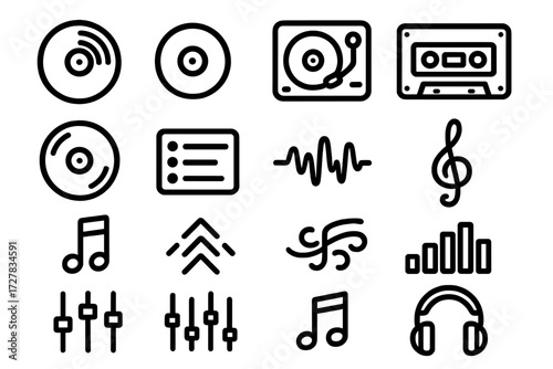 Music Icon Collection. Music media icons in outline style: vinyl record, 7-inch record, 12-inch record, spinning disc, cassette tape, CD disc,