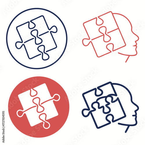 Four distinct graphic icons representing puzzle pieces and human heads in red and blue outlines and solid fills symbolizing problem solving and cognitive processes