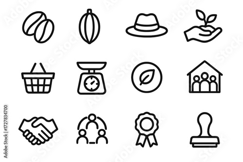 Fair Trade Icons. Fair trade focus icons in outline style: coffee bean, cocoa pod, farmer hat, hand holding plant, shopping basket, weighing scale,