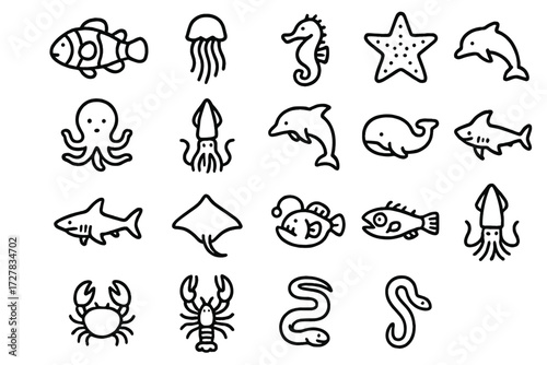 Sea Creature Icons. Sea creatures icons in outline style: clownfish, jellyfish, seahorse, starfish, octopus, squid, dolphin, whale, shark, manta ray,