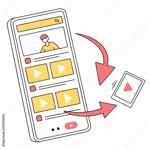 Illustration of a smartphone displaying a video feed with arrows indicating content transfer to and from a separate video thumbnail symbolizing sharing or downloading media