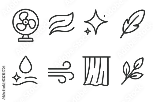 Soothing Air Icons. Soothing air icons in outline style: fan with swirl, fabric flutter, soft sparkle, floating feather, mist drop, wind symbol,