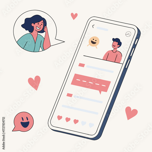 Illustration of a woman communicating with a man through a mobile phone application depicting online conversation and connection with heart symbols