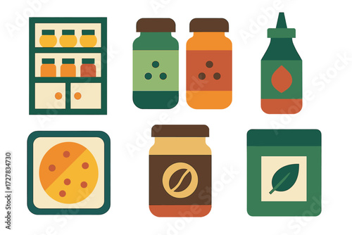 Abstract Kitchen Icons. Kitchen order set of icons in abstract flat : pantry cabinet, spice jars, condiment bottle, cookie tin, coffee jar, tea box