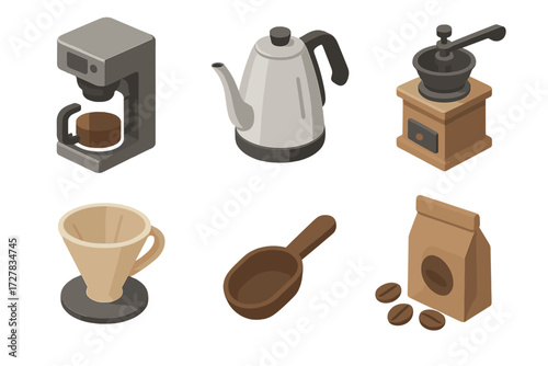 Coffee Brewing Icons. Brew tools set icons in modern isometric flat : coffee maker, kettle, grinder, filter cone, scoop, beans bag
