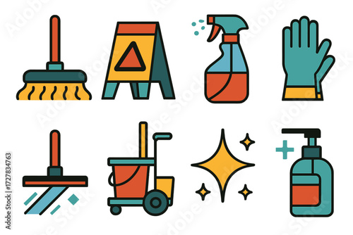 Colorful Cleaning Icons. Janitorial kit set of icons in abstract flat : dust mop, wet floor sign, disinfectant spray, gloves, squeegee, cleaning cart
