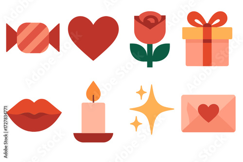 Romantic Icon Set. Romantic sweetness set of icons in abstract flat : sweetness, heart, rose, gift box, kiss mark, candle, star spark, love letter.