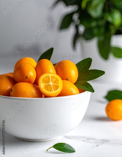 Kumquats in a bowl, with leaves