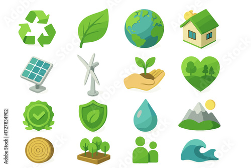 Isometric Eco Icons. Eco symbols set icons in modern isometric flat : recycle arrows, green leaf, globe, eco house, solar panel, wind turbine, plant