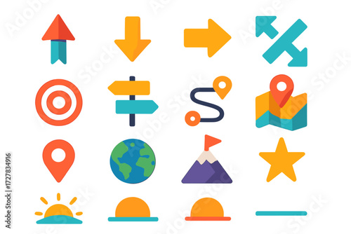 Vibrant Direction Icons. Direction symbols in modern flat vector : north arrow, south arrow, east arrow, west arrow, diagonal arrows, target icon,