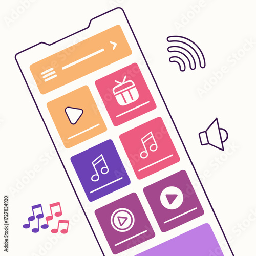 Modern smartphone interface displaying colorful music player app icons and controls with audio and wireless symbols on a clean background
