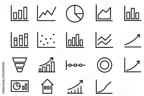 Chart Icons Collection. Chart basics icons in outline style: bar chart, line graph, pie chart, area chart, stacked bars, scatter plot, histogram,