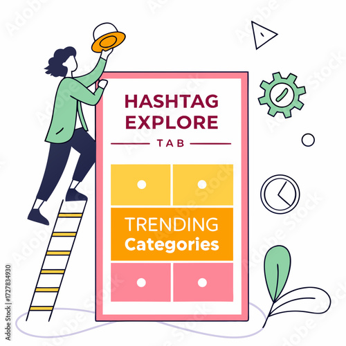 Person climbing a ladder towards a digital screen displaying hashtag explore tab with trending categories highlighted symbolizing discovery and engagement