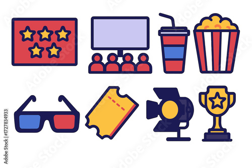 Cinema Vector Icons. Movie experience in modern flat vector : opening credits card, cinema screen, 3D glasses, soda cup, popcorn bucket, entry ticket,