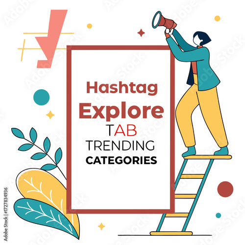 Person with megaphone looking through magnifying glass at hashtag explore tab trending categories sign with abstract shapes and leaves