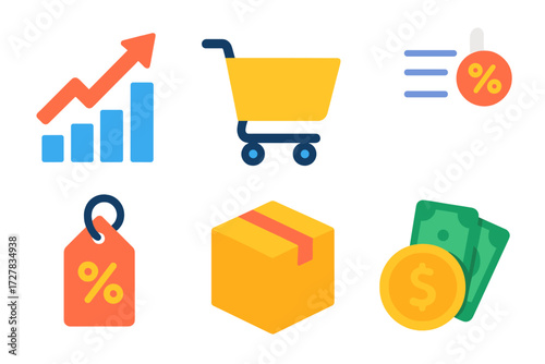 E-commerce Icon Set. E-commerce in modern flat vector : sector trend, shopping cart, receipt, discount tag, package, cash gain