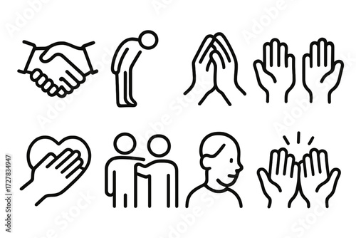 Gestures Icons Collection. Gestures icons in outline style: handshake, bowing, two hands clasped, open palms, hand over heart, supportive pat, gentle