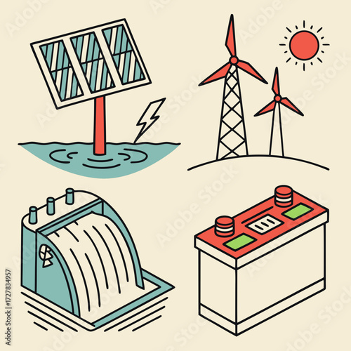 Set of four stylized illustrations representing different renewable energy sources and energy storage including a solar panel wind turbines a hydroelectric dam and a battery