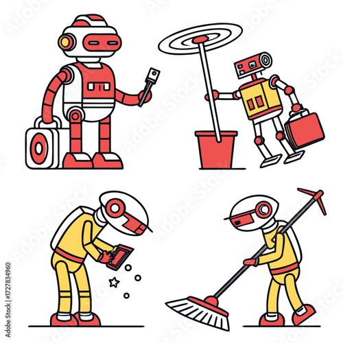Set of four cartoon robots engaged in various tasks including cleaning with a mop and broom holding a briefcase and using a tablet with sparkling effects