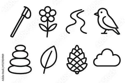 Nature Hike Icons. Nature hike icons in outline style: hiking stick, flower, river, bird, pebble stack, leaf, pinecone, cloud.