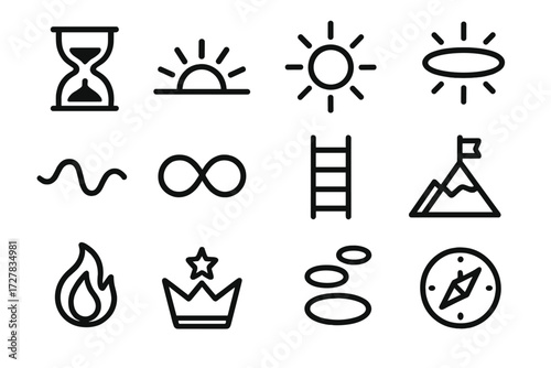 Symbolic Task Icons. Symbolic pending task icons in outline style: hourglass, sunrise horizon, radiant sun, glowing aura, harmony wave, infinity loop