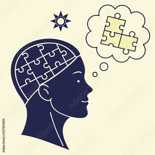 Silhouette of a person s head with puzzle pieces inside representing the brain and a thought bubble containing puzzle pieces symbolizing a complex problem or idea being processed and solved